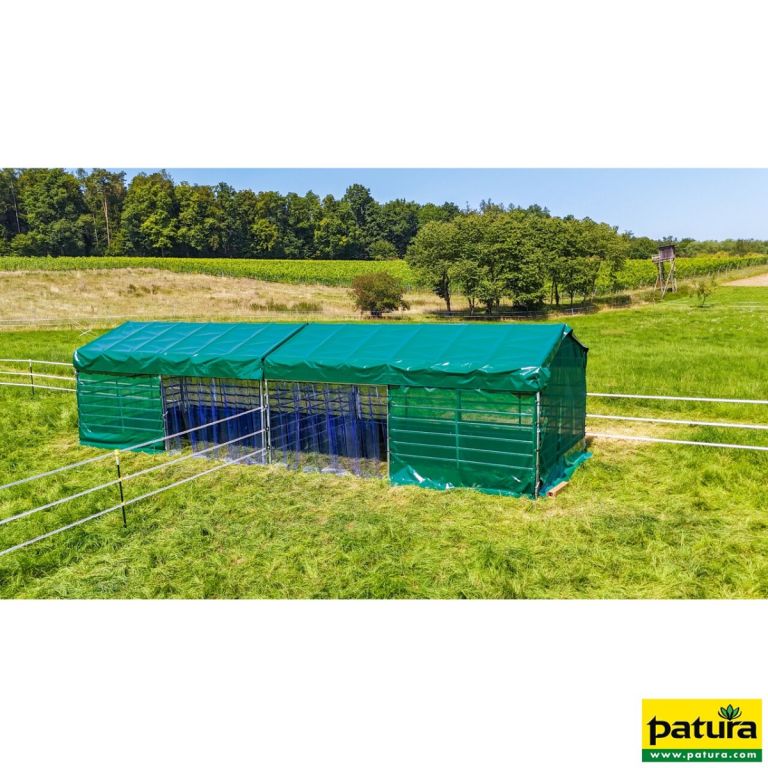 Profi weidetent met windbreekgaas en PVC lamellen. de ideale zomerstal / schuilhok in de weide