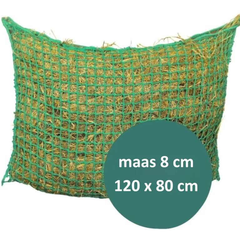 Slowfeeder Hooinet X-Strong Groot – 120×80 cm – Maas 8×8 cm – Groen – met Sluitkoord